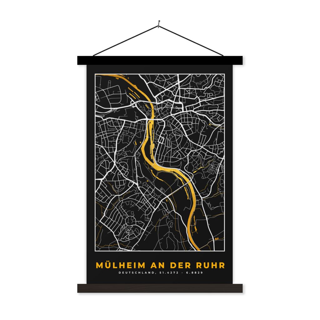 MuchoWow Textilposter Mülheim an der Ruhr - Gold - Stadtplan - Karte - Deutschland 40x60 cm mit schwarzem Rahmen - Wanddekorationen