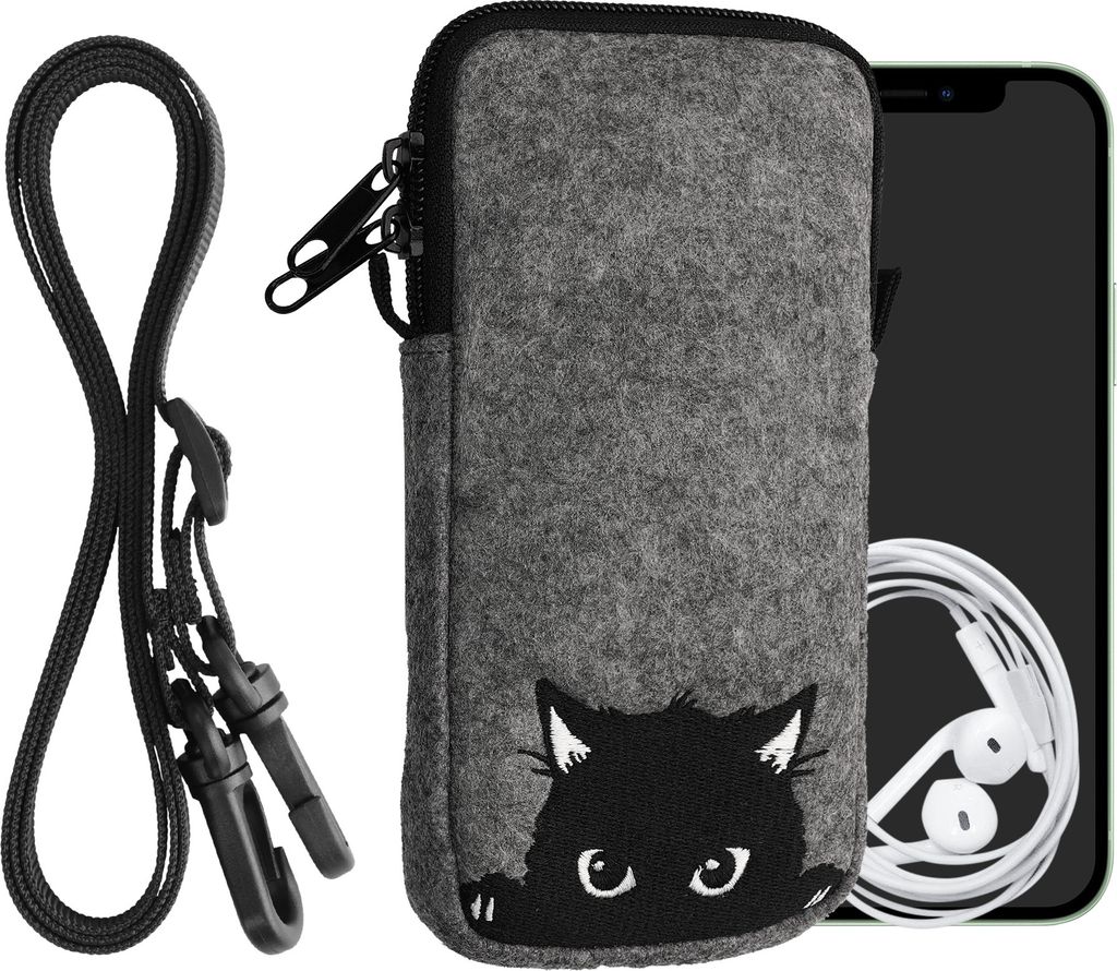 kwmobile Handytasche für Smartphones XL - 6,7/6,8" - Filz Handy Hülle Grau Schwarz - Handy Tasche mit Kette 17,2 x 8,4 cm Innenmaße - Neugierige...