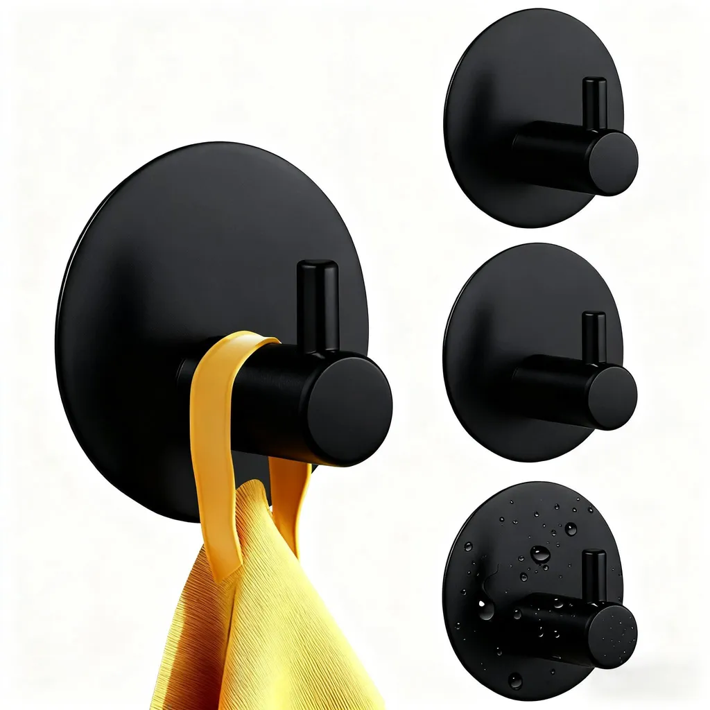 Porte-serviette adhésif noir pour douche et cuisine, lot de 4 inox 304