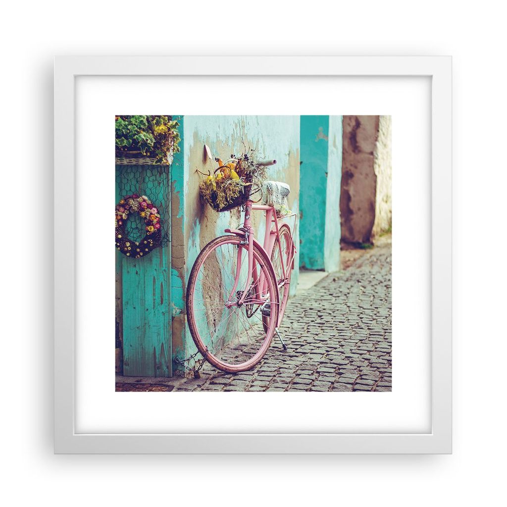 Gerahmtes Poster - Weißer Rahmen - Rosa Fahrrad Vintage - 30x30 cm - Wand Bild - Wanddeko - Wandbilder - Kunstposter - Wandposter - Bilderrahmen -...