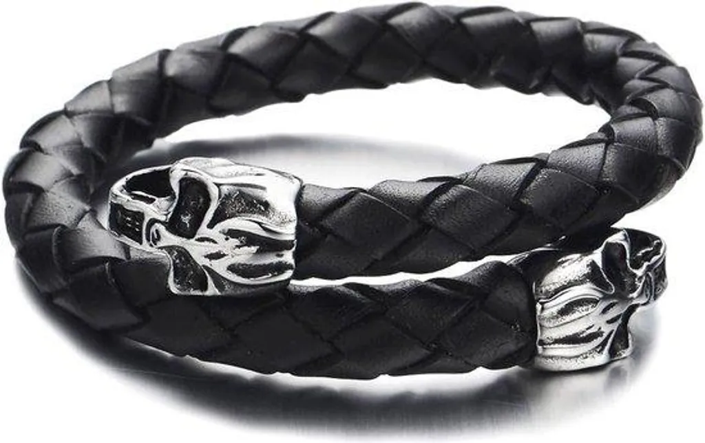 Bracelet en cuir noir élastique et boucle acier inoxydable réglable 20cm