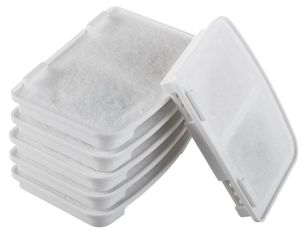 A stack of white pet water filter replacements and one filter detached from the stack.