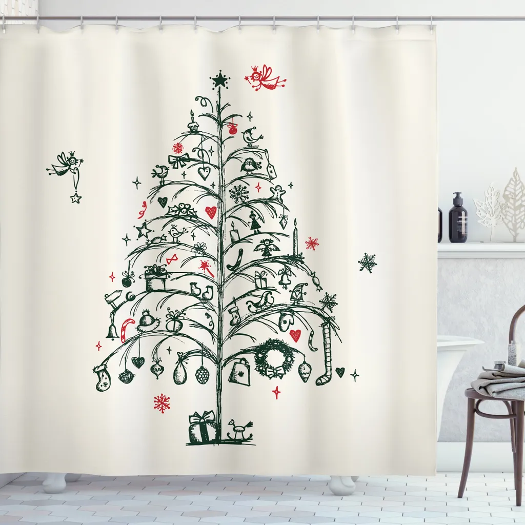 ABAKUHAUS Tenda Doccia Tessuto 175x180 | Natale Albero e Fate Rosso