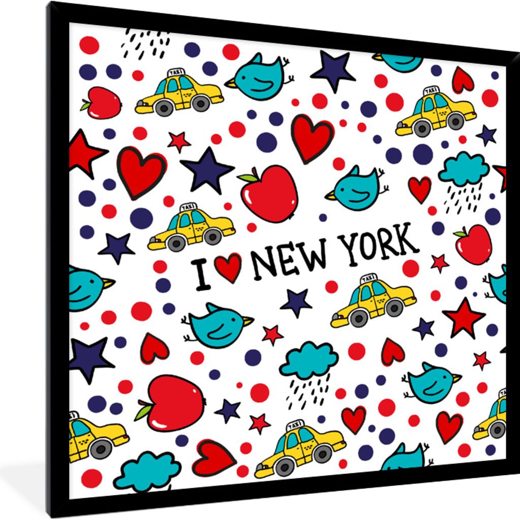 MuchoWow MuchoWow Gerahmtes Poster New York - Zeichnung - Rot 40x40 cm - Poster mit zchwarzem Bilderrahmen - Mit Rahmen - Wanddekoration Schlaf...