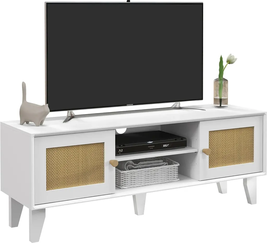 Petit Meuble TV Blanc pour Salon - Rangement avec Portes Rotin 120cm