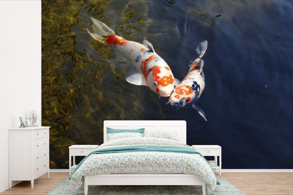 MuchoWow Fototapete für Wohnzimmer oder Schlafzimmer Wandtapete Vinyl Motivtapete Zwei Koi-Karpfen im Wasser - 450x300 cm - Gemusterte