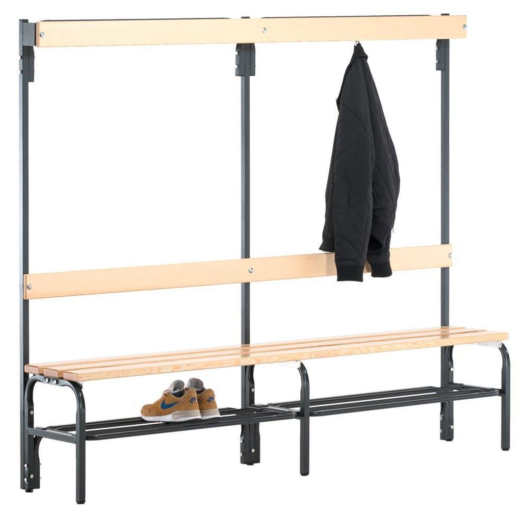 Einseitige Garderobenbank, Hakenleiste, mit Schuhrost, TxH 375x1650 mm, Länge 1500 mm, RAL 7016