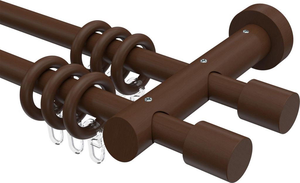 Interdeco Gardinenstange / Vorhangstange Nussbaum lackiert, Typ Talena Feta (Kappe), 20 mm Ø 2-läufig, 100 cm