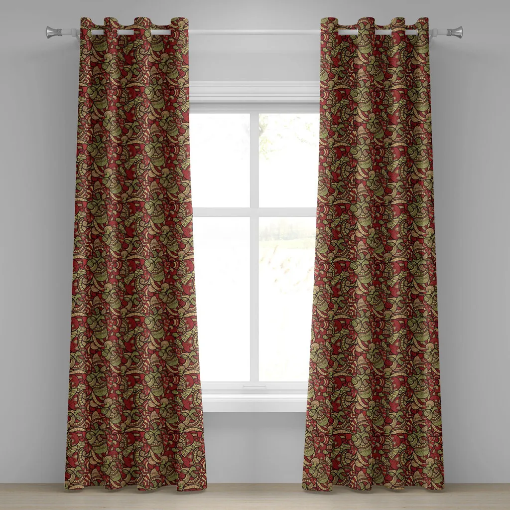 ABAKUHAUS Tenda etnica con occhielli, motivo in stile doodle con foglie e petali vorticosi botanici africani, tende decorative a 2 pannelli, 280 cm x 245 cm, verde corallo scuro beige