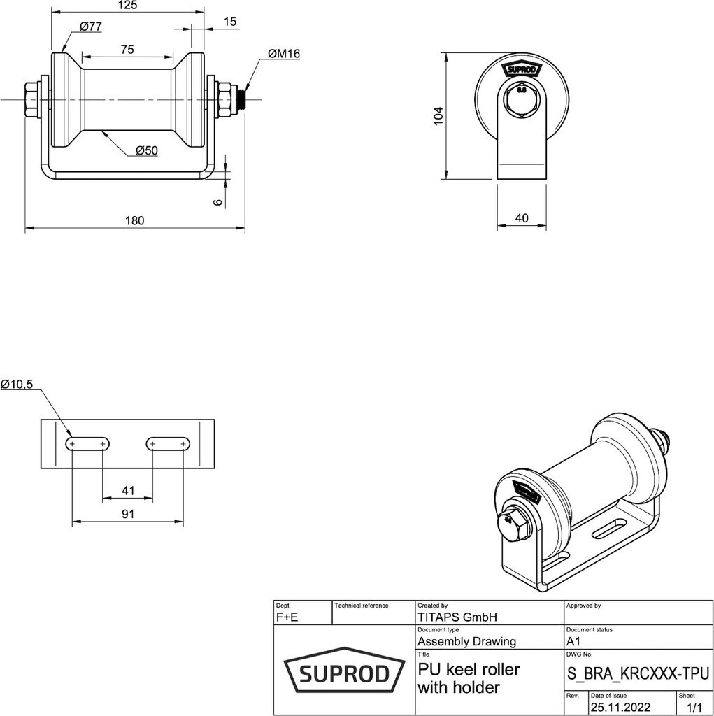 Rouleau De Quille En Polyuréthane 125 Mm – Support Acier Galvanisé, Résistant Eau Salée – Pour Remorque Bateau