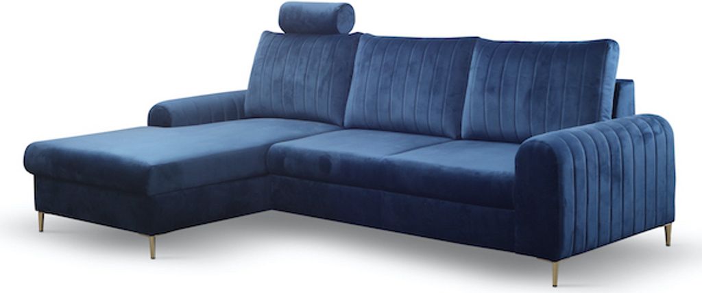 Ecksofa "Monaco" Eckcouch Sofa Schlaffunktion marineblau / Füße Gold Recamiere links
