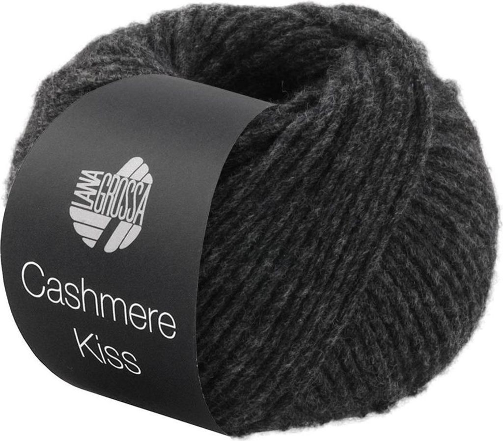 A ball of dark gray yarn with a black label wrapped around it.