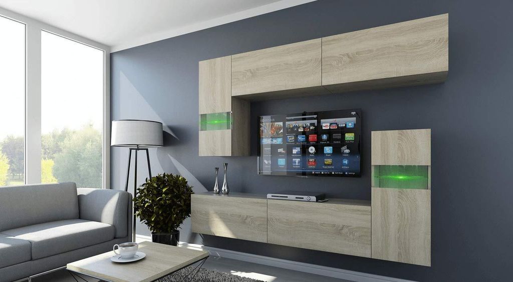 Furnitech Wohnwand Wohnzimmer - Wohnzimmer Möbel mit LED Blau - Hängend Wohnwand Modern - Regale und TV Schrank (Future C31/M/S/3 1B)