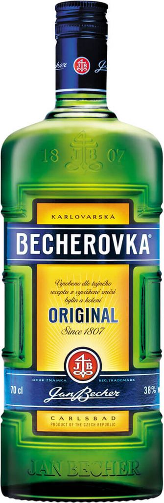 A product shot of a Becherovka Original bottle.