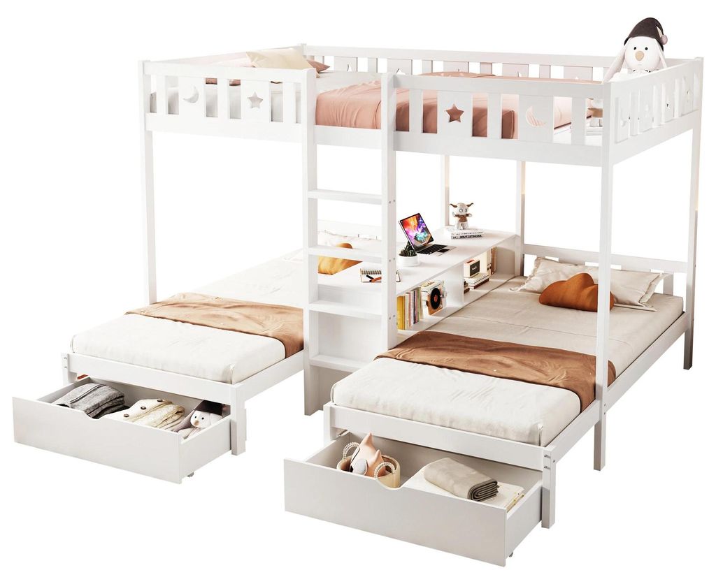 Hochbett Kinder - Etagenbett mit Leiter - Stauraum und 2 Schubladen - Sicherheitsgeländer - Stern- und Mondmotiv - oben 140×200 cm, unten 90×200...
