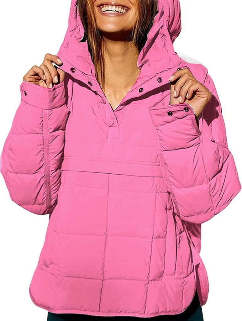 ASKSA Damen Pufferjacke Stepppullover Gesteppt Kapuzenpullover Langarm Jacke Leichte Warme Wintermaentel, Rosa, 2XL