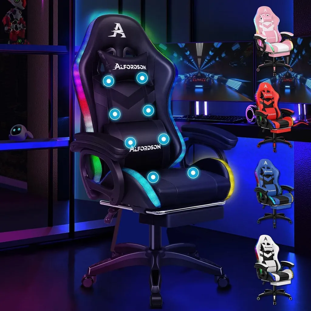 Chaise de jeu ALFORDSON Anti-Mal de Dos - Massage, LED et Repose-pieds Noir