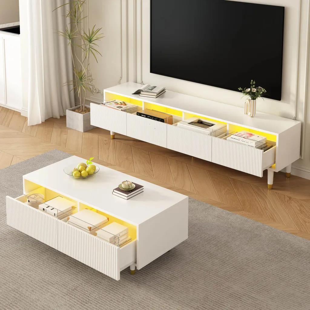 Table Basse LED Multicolore avec Tiroir Ondulé et Style Chic Blanc Doré