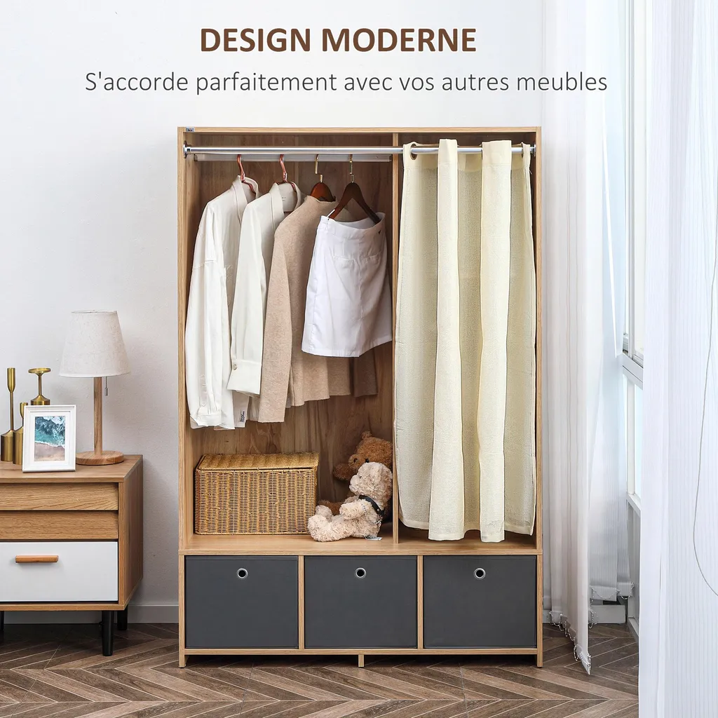 Dressing armoire de rangement en tissu et bois naturel avec tiroirs