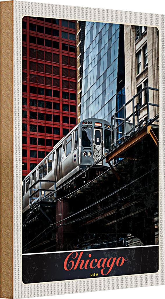 Holzschild Reise 20x30cm Chicago USA Amerika Bahn Hochaus