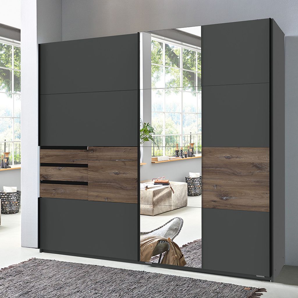 Schlafzimmer Schwebetürenschrank mit 3 Schubkästen und Spiegel in graphit mit Flagstaff Eiche Nb. BREGENZ-43, B/H/T ca. 180/198/65 cm