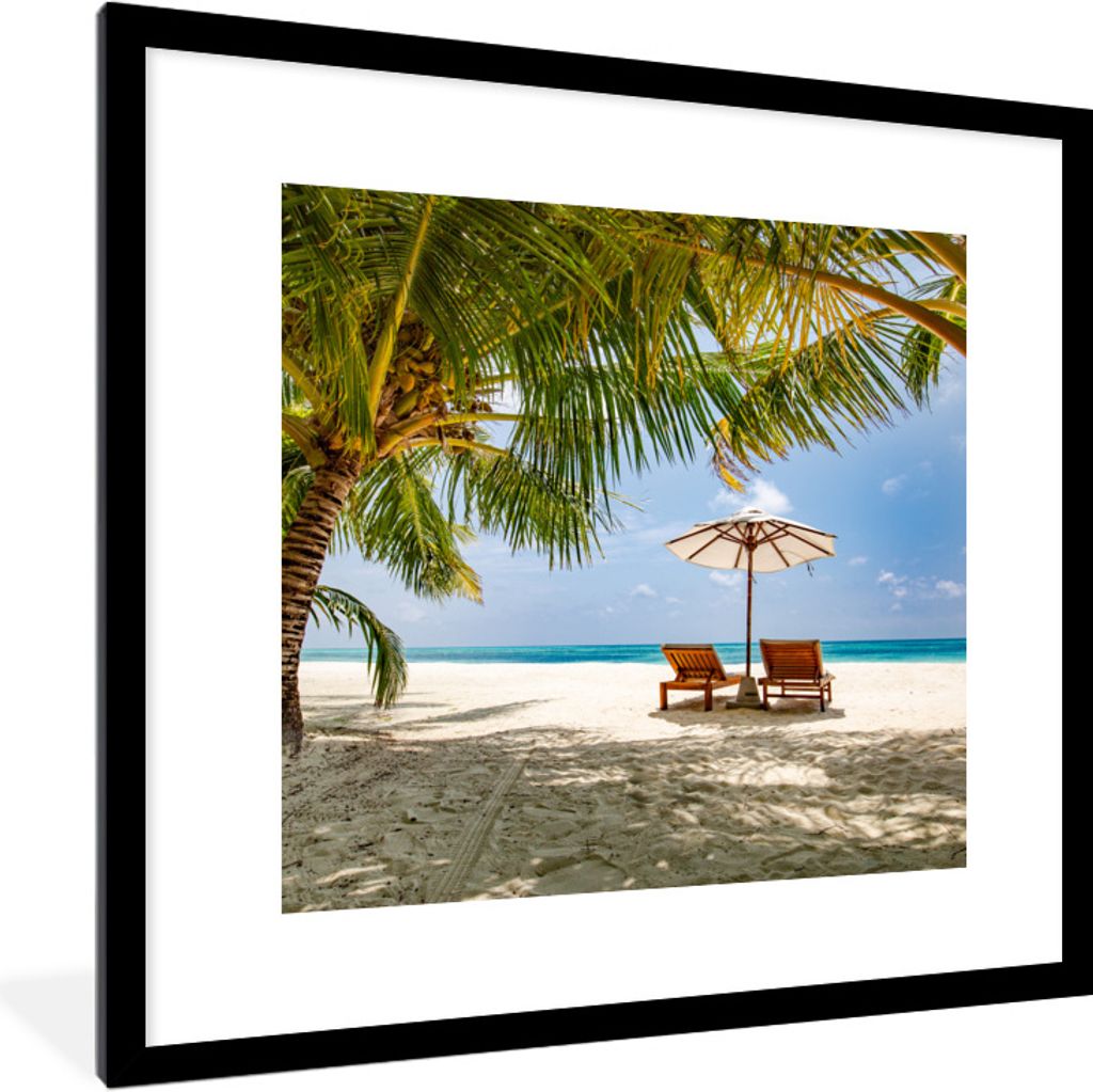 MuchoWow Gerahmtes Poster Strand - Strandkorb - Sonnenschirm 40x40 cm - Poster mit Schwarzem Bilderrahmen Wandposter Rahmen Foto Bilder - Poster ...