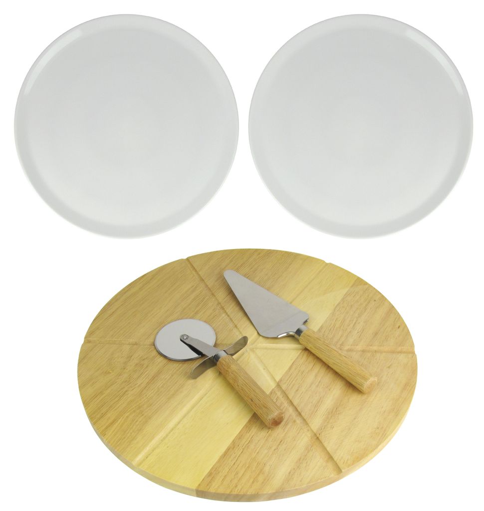 2er Set Retsch Arzberg Pizzateller Ø 33cm inkl. Echtholz Pizzabrett Ø 35cm Edelstahl Pizzaschneider & Pizzaheber