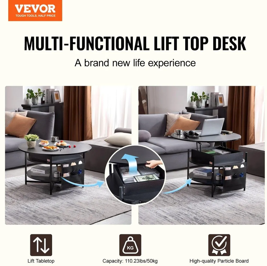 Table basse relevable ronde noire idéale pour dîner devant la télé
