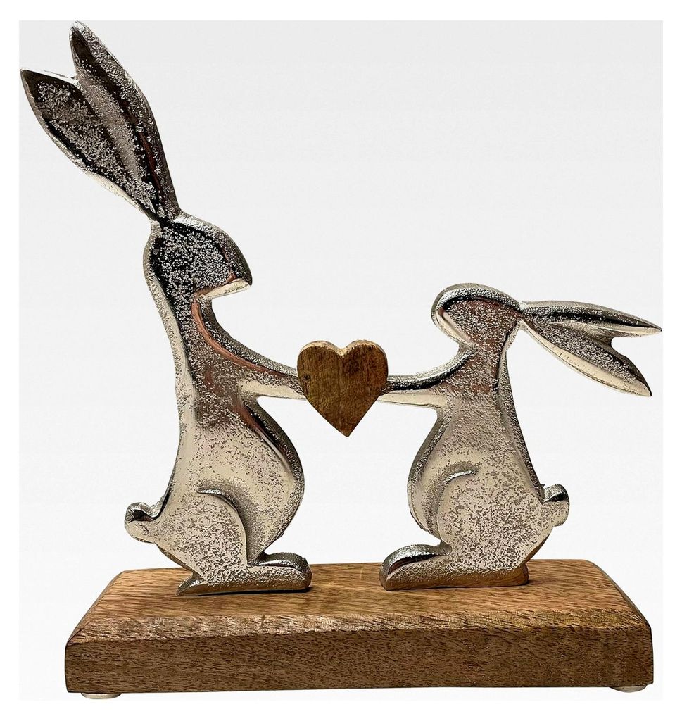 Osterdeko Deko-Figur Osterhase aus Mango-Holz und Metall Silber (19 x 20 x 5)