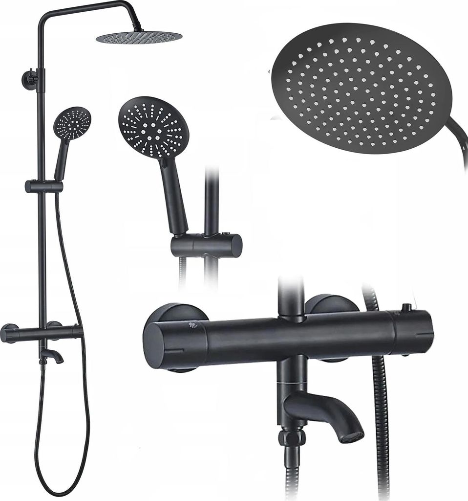 A black shower set with a main shower head, a handheld shower head, and a thermostat faucet.