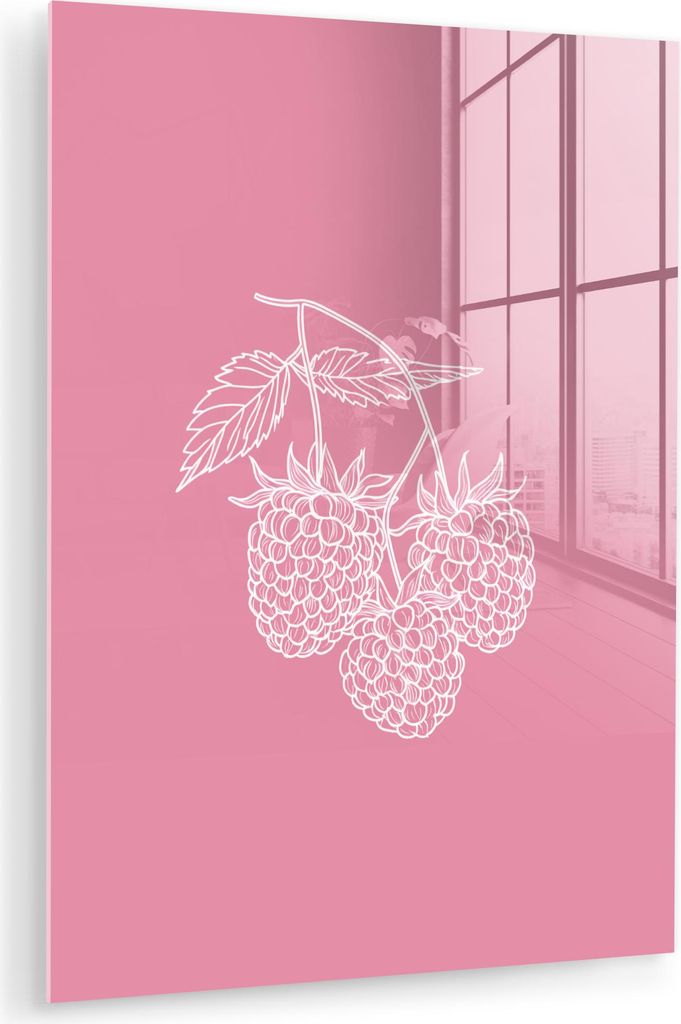MuchoWow Glasbilder - Bilder auf Wandbild - Foto auf Glas Himbeeren - Stiel - Gezeichnet - Rosa 60x80 cm Wanddekoration aus Glas - Acrylglasbild - ...