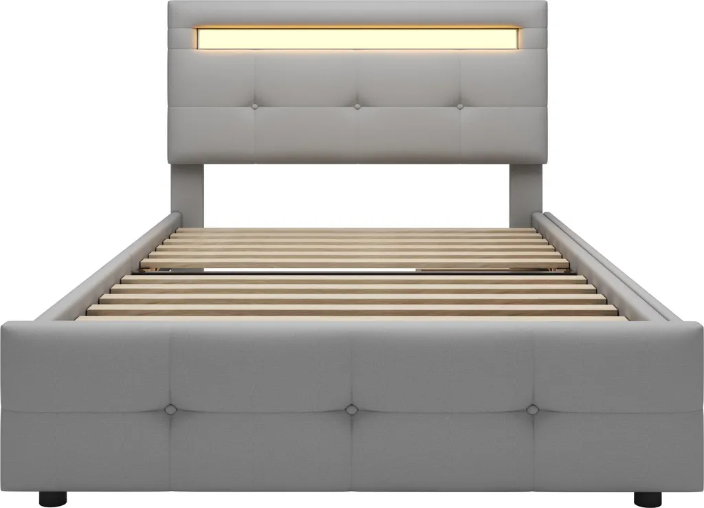 Lit simple 90x200 cm en lin gris avec rangement tiroirs et éclairage LED