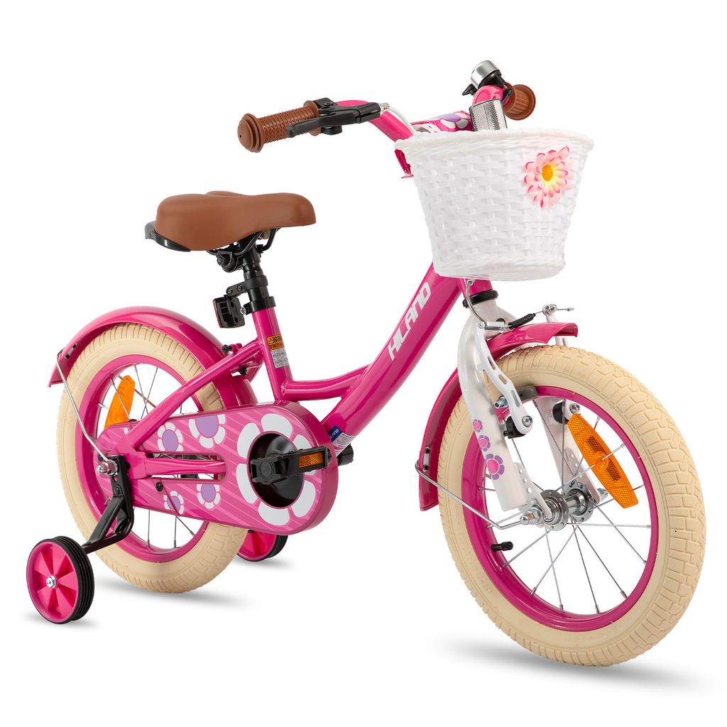 HILAND Petal 12 Zoll Kinderfahrrad für Mädchen ab 2 3 4 5 Jahren, mit Stützrädern Korb Handbremse Rücktrittbremse Klingel, Rosa