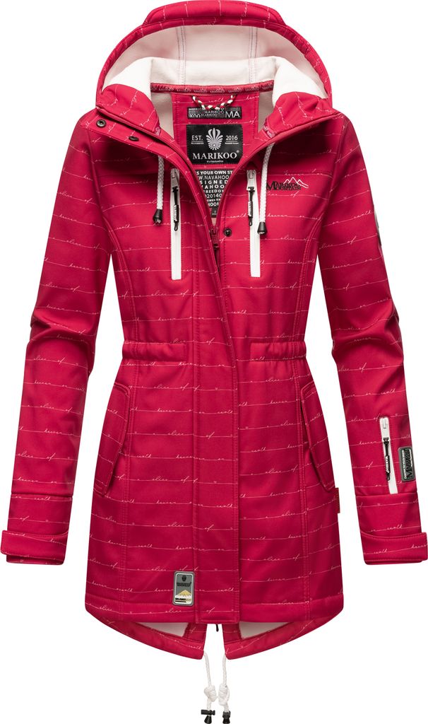 Marikoo Zimtzicke Damen Wasserdichte Softshell Jacke mit Kapuze Outdoor Regenjacke Regenmantel Fuchsia mit Schriftzug Gr. 34 - XS