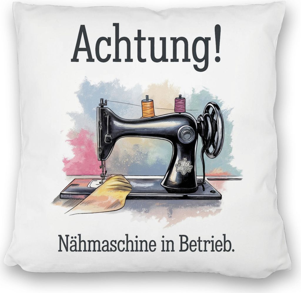 Nähmaschine in Aktion Kissen satiniert Achtung In Betrieb