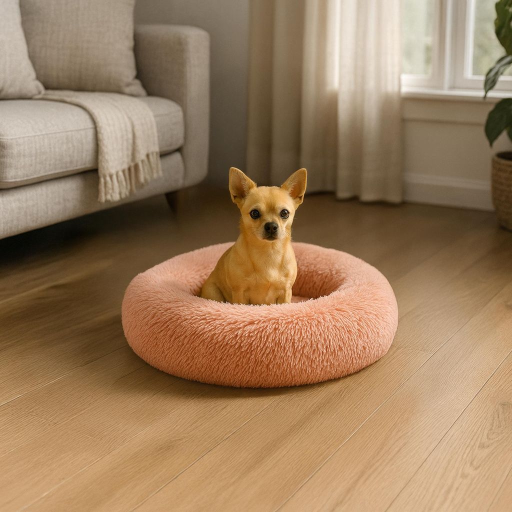 belviona Donut-Hundebett, kuscheliges Plüschbett mit weicher Füllung, sicherem Halt & ergonomischem Rand, 40 cm Durchmesser, altrosa