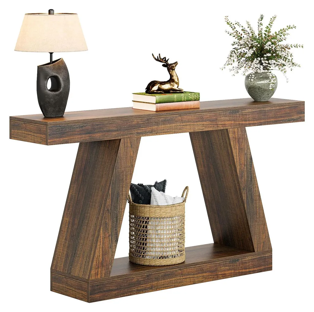 Table console 2 niveaux en bois rustique kaki foncé et structure métal