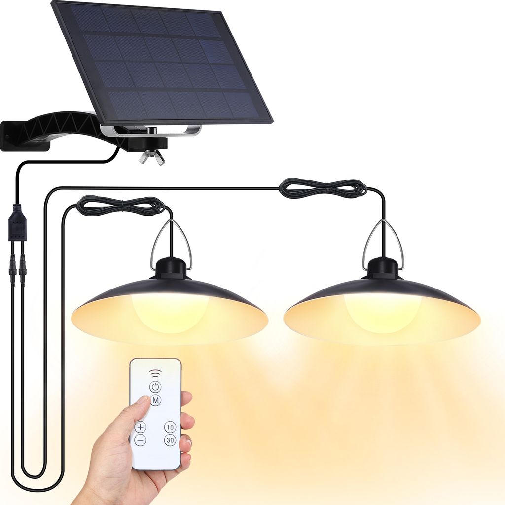 Außen Solarlampe Solar Pendelleuchte Dimmbar IP65 Wasserdichte Garten Hängelampe mit 2 Lampen und Fernbedienung, Warmweiß