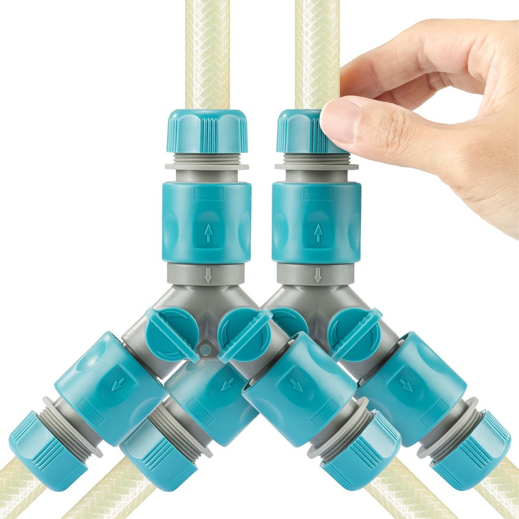 Navaris 2x 2-Wege-Verteiler mit Absperrventil - Doppel Anschluss Gartenschlauch Set - 2er Set zweiseitiger Schlauch Adapter mit 1/2" Quick Connector -