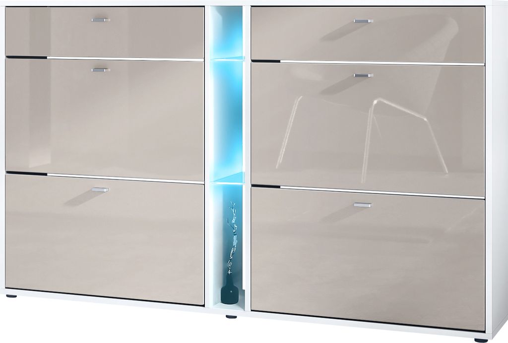 Vladon Schuhschrank Schuhkipper Today 155,5 x 95 x 28 cm, mit blauer LED Beleuchtung, Germany, Korpus in Weiß matt, Fronten in Sandgrau Hochglanz