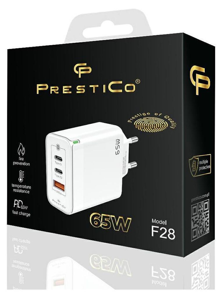 The image shows the packaging of a Prestico F28 65W charger.
