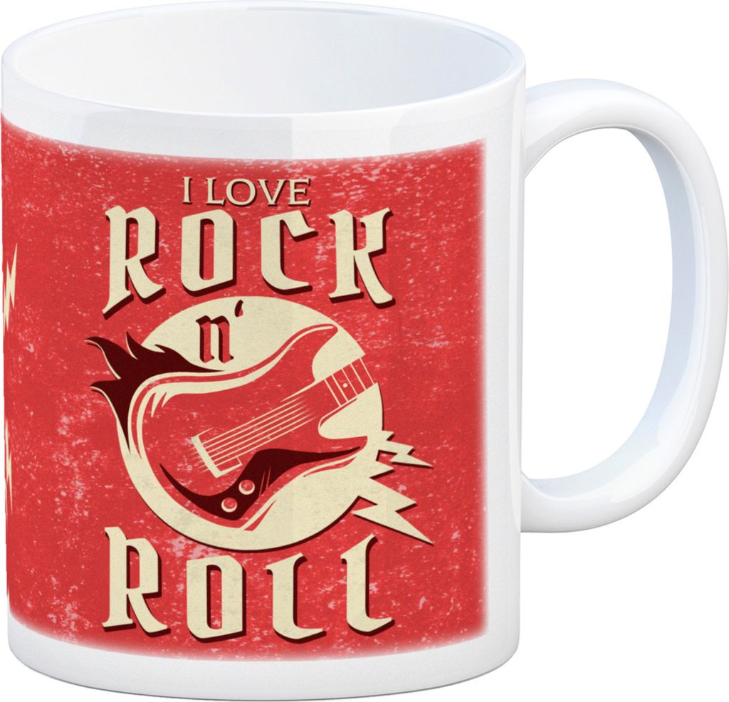 I Love Rock 'n' Roll Kaffeebecher mit Gitarren Motiv