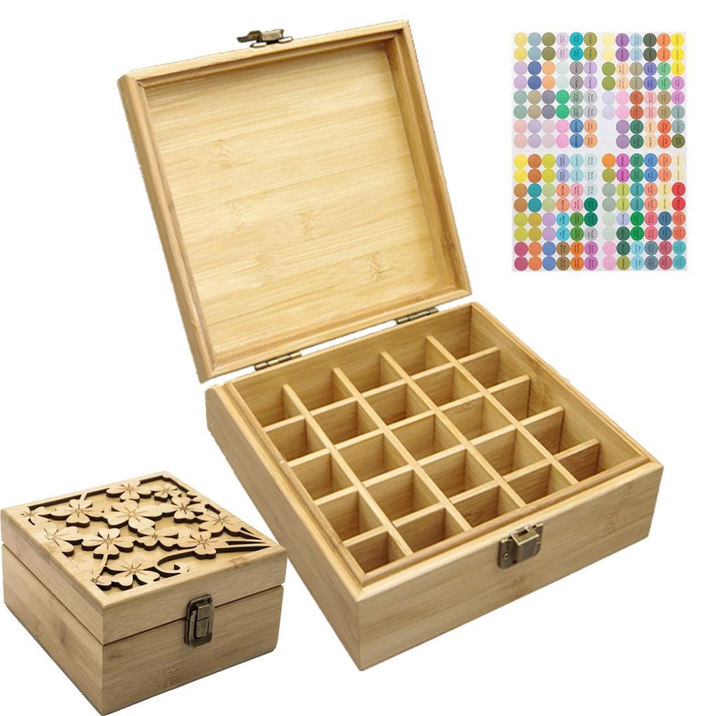 Aufbewahrungsbox aus Bambus für ätherische Öle und Aromatherapie – Holzbox für 25 Fläschchen – Organizer für Reisen und zum Verschenken