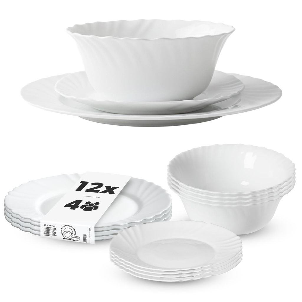 KADAX Geschirrservice 12-teilig, Geschirrset für 4 Personen, Tafelservice mit Müslischale, Dessertteller & Speiseteller, Tellerset aus Opalglas, ...
