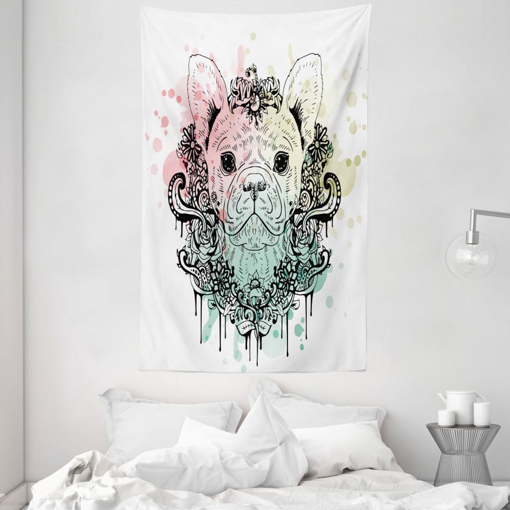 ABAKUHAUS Tier Wandteppich und Tagesdecke, Französisch Bulldog Blumen aus Weiches Mikrofaser Stoff Waschbar ohne Verblassen Digitaldruck, 140 x 23...