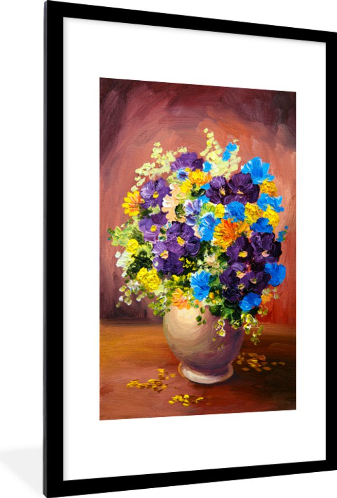MuchoWow Gerahmtes Poster Blumenstrauß - Frühling - Ölfarbe 60x90 cm - Poster mit Schwarzem Bilderrahmen Wandposter Rahmen Foto Bilder - Dekor...
