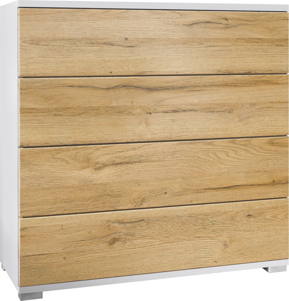Vladon Kommode Pavos V3, Sideboard mit 4 Schubladen Weiß matt/Eiche Natur (76 x 76 x 35 cm)