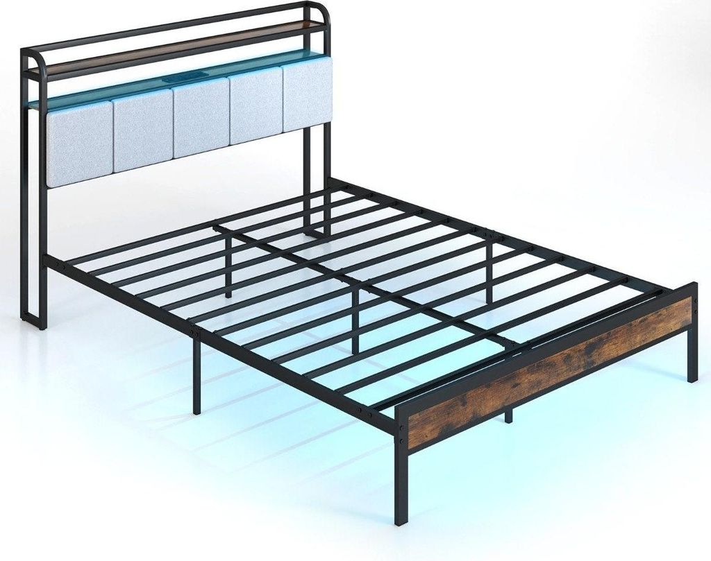 Kingsize Bettrahmen mit LED-Licht & Ladestation & Gepolstertem Kopfteil Metallgestell Bettgestell