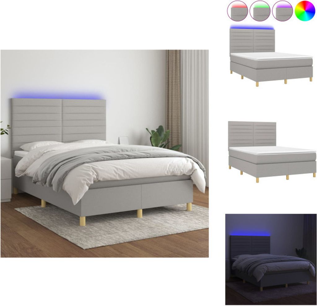 vidaXL Boxspringbett mit Matratze & LED Hellgrau 140x200 cm Stoff - Betten & Bettgestelle