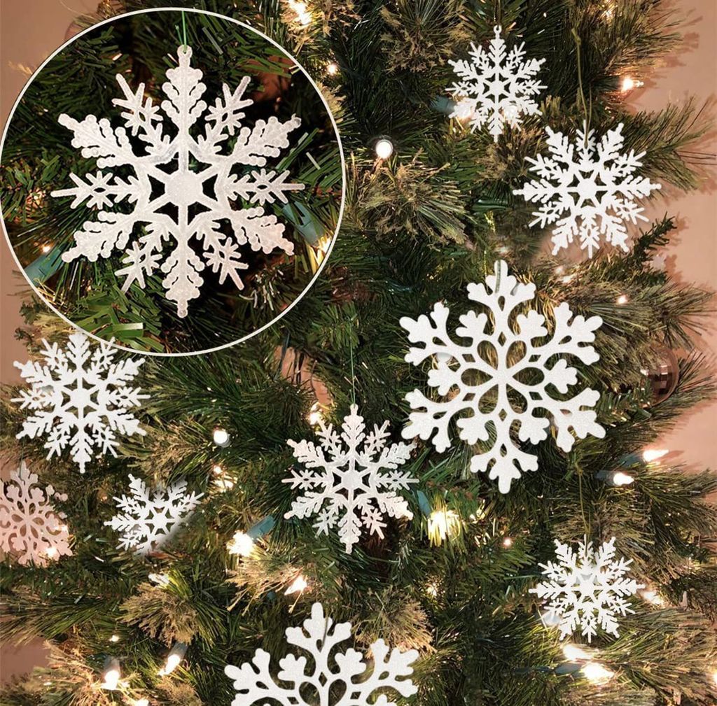 36Stk weiß Schneeflocken Weihnachtsplastik Glitter Schnee Flocken Ornamente für Winter Indoor Outdoor Weihnachtsbaum Fenster Deko,